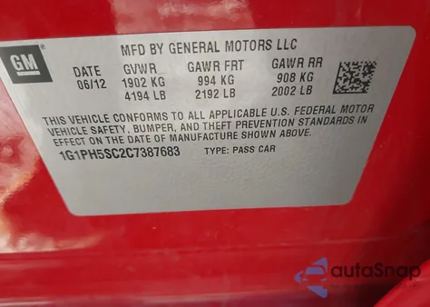 2012 Chevrolet Cruze Ltz z USA, uszkodzony, nr VIN 1G1PH5SC2C7387683